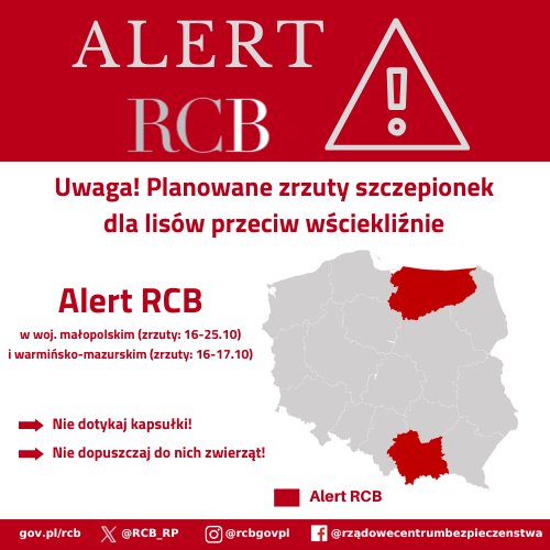 Alert RCB dotyczący zrzutów szczepionek dla lisów przeciw wściekliźnie z 15 października 2025. Wysłany do odbiorców przebywających na terenie województwa małopolskiego i warmińsko-mazurskiego.