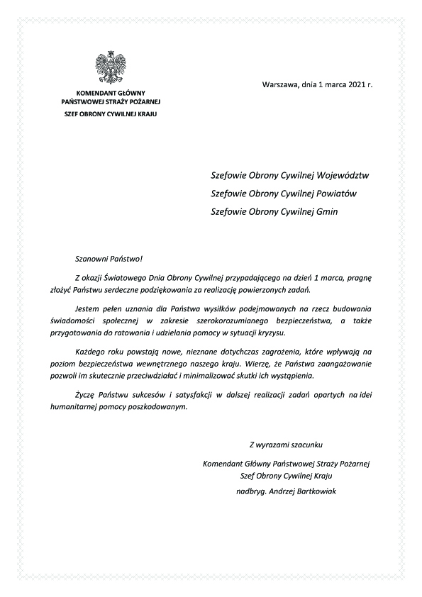 Życzenia Szefa Obrony Cywilnej Kraju
