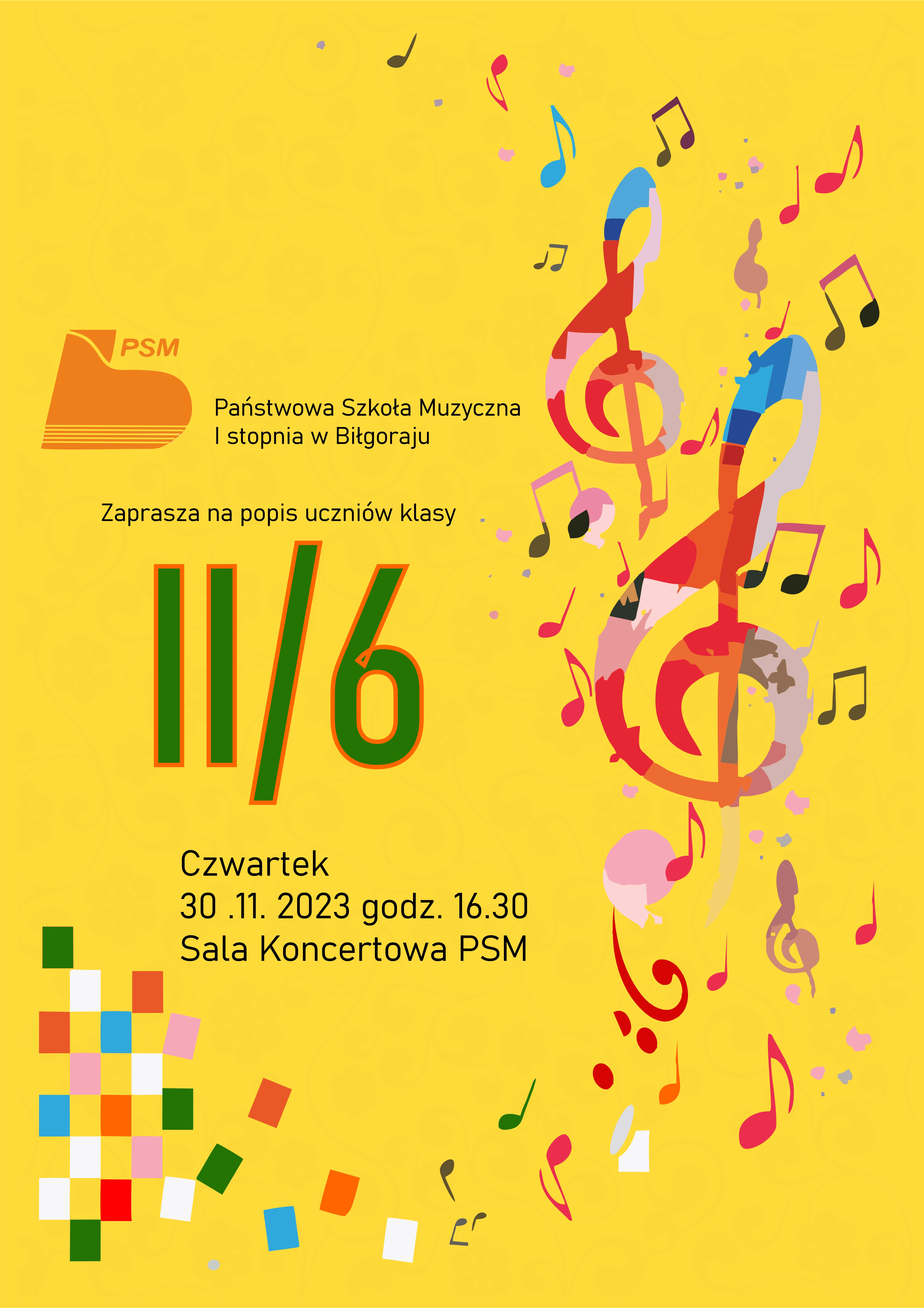 Popis uczniów klasy III cyklu 6 letniego - czwartek 30 listopada 2023 r. godz. 16:30. Kolorystyka żółta. Dekoracyjne nutki.