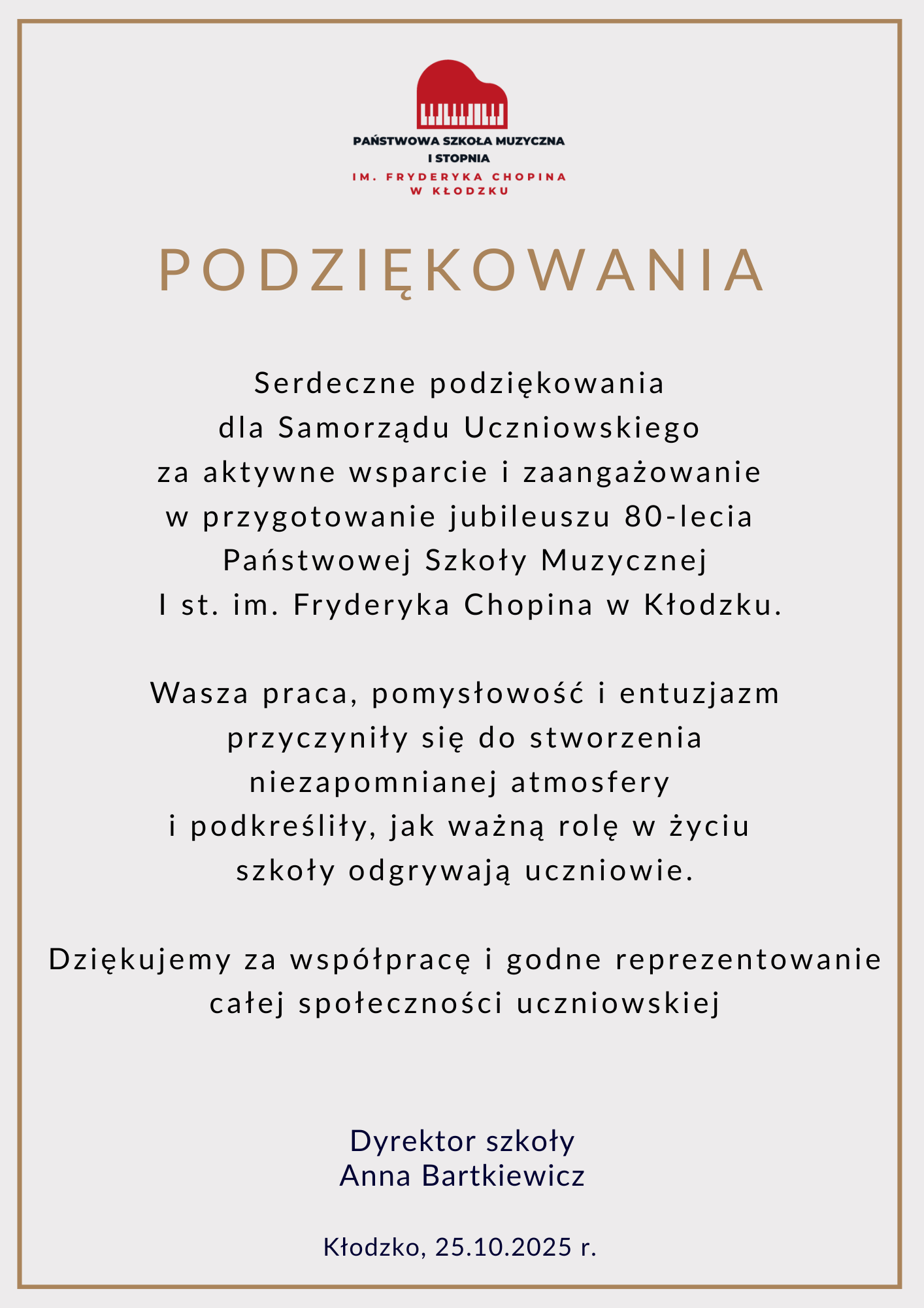 Plakat na złotym tle z tekstem z podziękowaniami dla samorządu uczniowskiego od dyrektora szkoły Anny Bartkiewicz