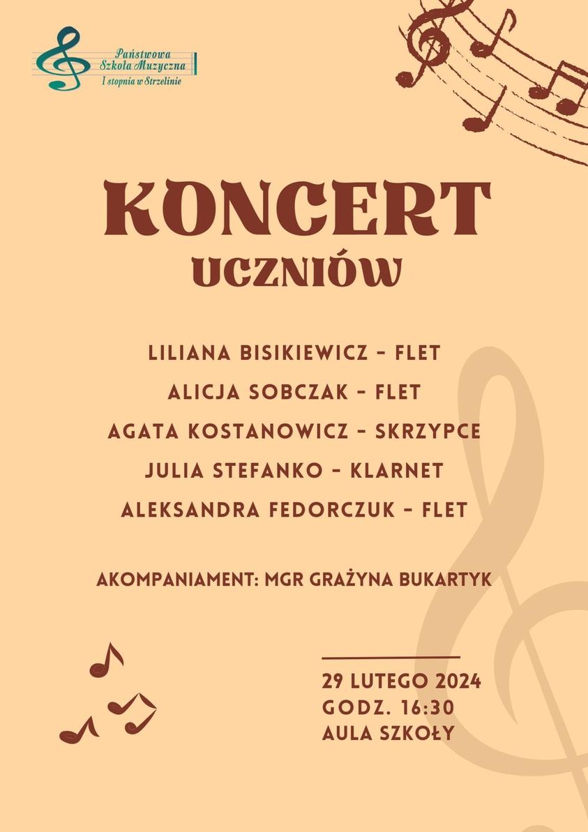 Plakat przedstawia informacje dotyczące wydarzenia na pomarańczowym tle, na którym znajdują się elementy muzyczne. 