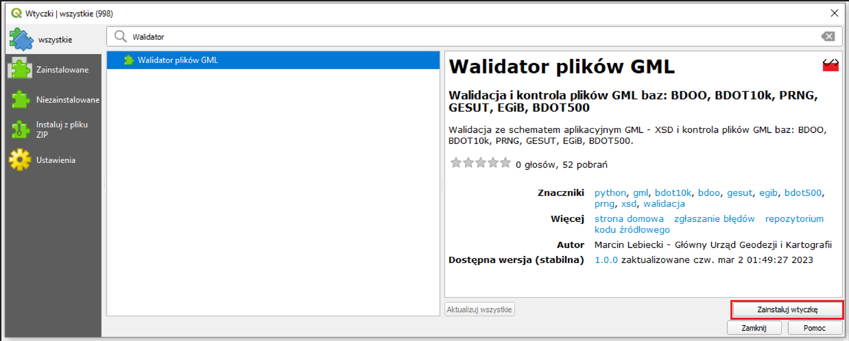 Zrzut ekranu przedstawiający instalację wtyczki Walidator plikow GML w oprogramowaniu QGIS