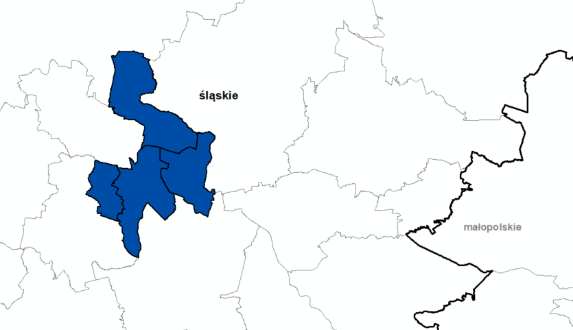 Rys. 1a Ilustracja przedstawia obszary powiatów woj. śląskiego objętych aktualizacją zbiorów danych BDOT10k.
