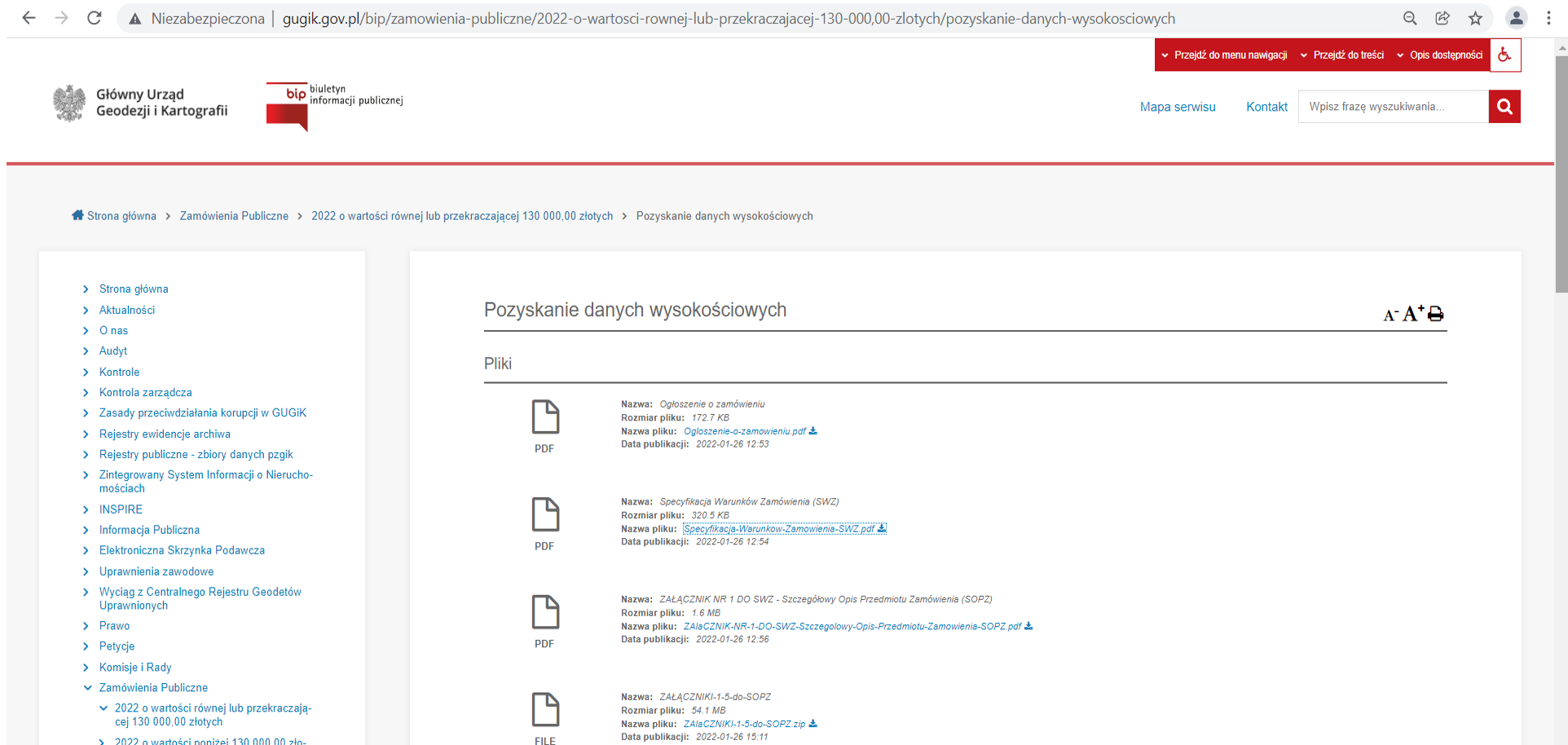 Ilustracja przedstawia zrzut z serwisu BIP GUGIK prezentujący ogłoszony przetarg na opracowanie danych wysokościowych