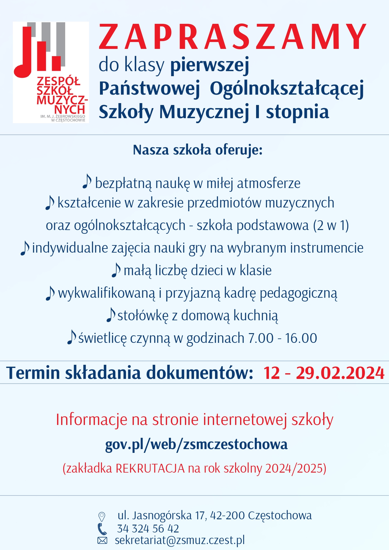 Błękitne tło, na górze po lewej stronie logo szkoły, informacje dotyczące rekrutacji do klasy pierwszej POSM I st.