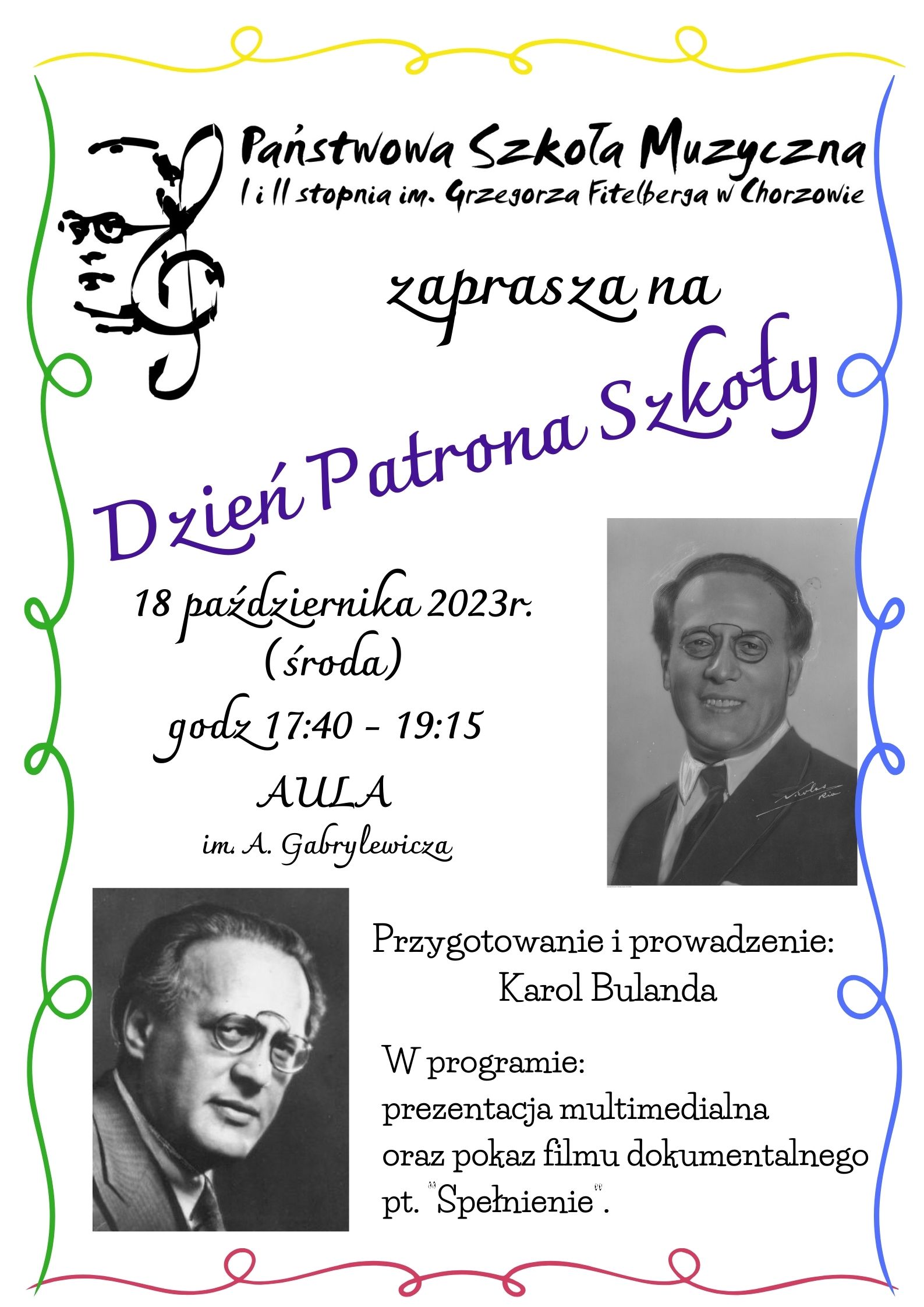 plakat ze zdjęciami Grzegorza Fitelberga na Dzień Patrona szkoły