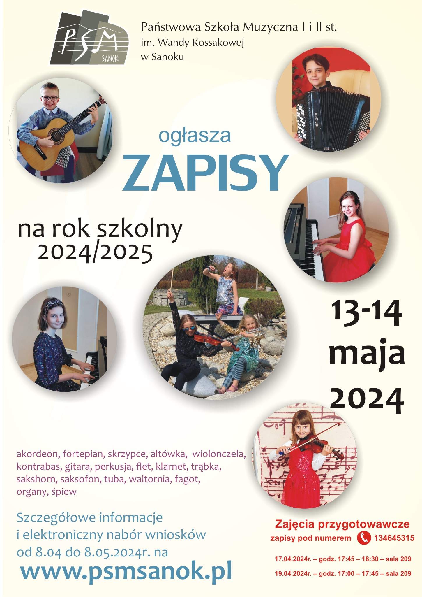 Plakat - zapisy do szkoły muzycznej I stopnia na rok szkolny 2024/2025.Niebiesko czerwone litery w tle zdjęcia dzieci z instrumentami