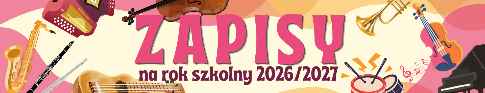 Grafika przedstawiająca różne instrumenty muzyczne. W tle napis o treści: 