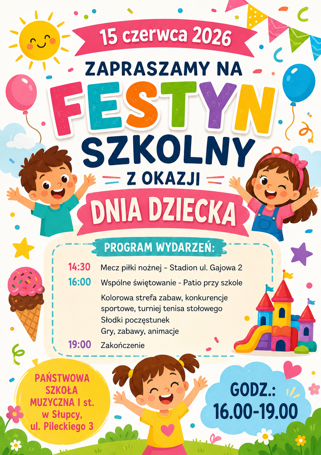 informacje o festynie z okazji Dnia Dziecka, kolorowe napisy na białym tle, grafika dzieci i baloników