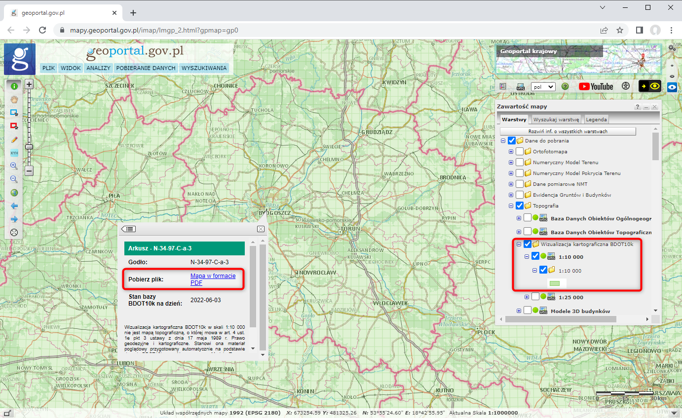 Ilustracja przedstawia zrzut ekranu z serwisu www.geoportal.gov.pl pokazujący w jaki sposób pobrać wizualizacje kartograficzne BDOT10k w skali 1:10000.