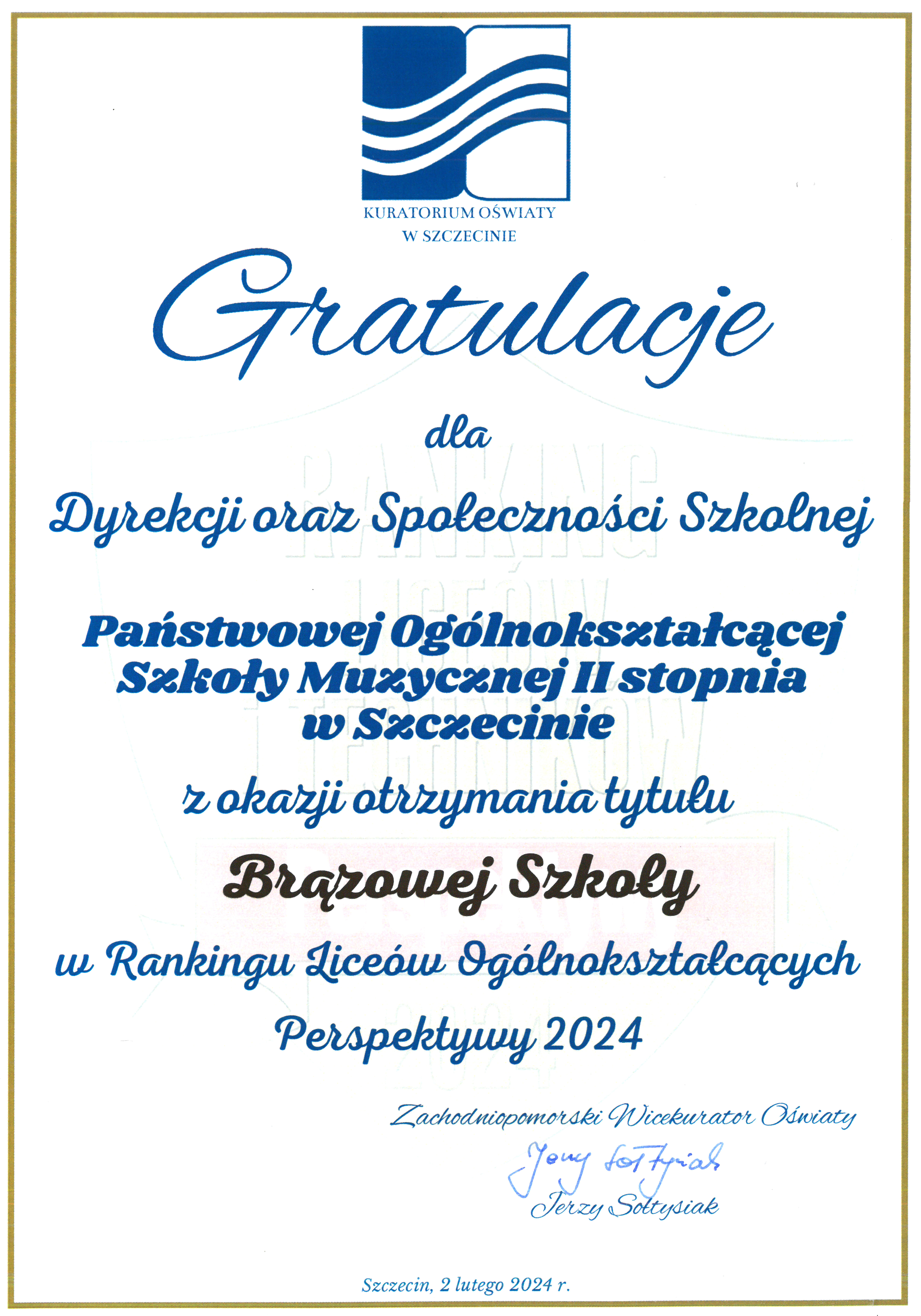 Grafika przedstawia dyplom oraz prezentuje tekst: Gratulacje dla Dyrektora oraz Społeczności Szkolnej POSM II st. z okazji otrzymania tytułu Brązowej Szkoły w Rankingu Liceów Ogólnokształcących Perspektywy 2024