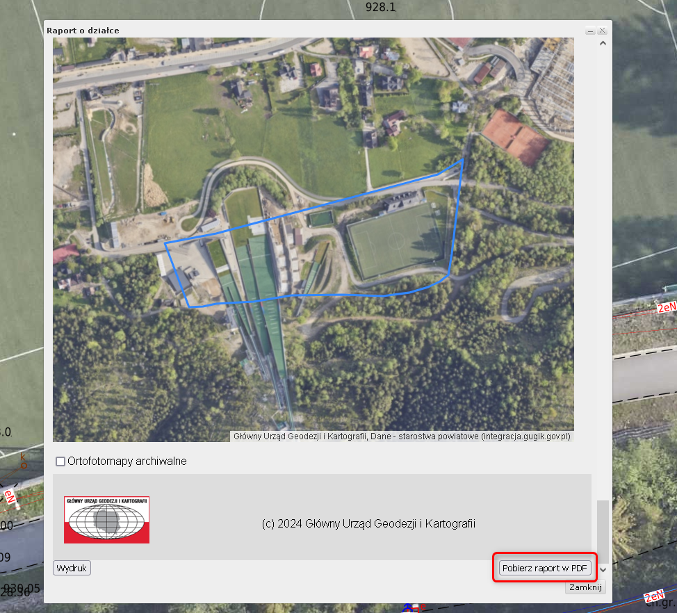 Ilustracja przedstawia widok okna narzędzia Raport o działce z widocznymi przyciskami wydruku i zapisu raportu do pliku PDF.