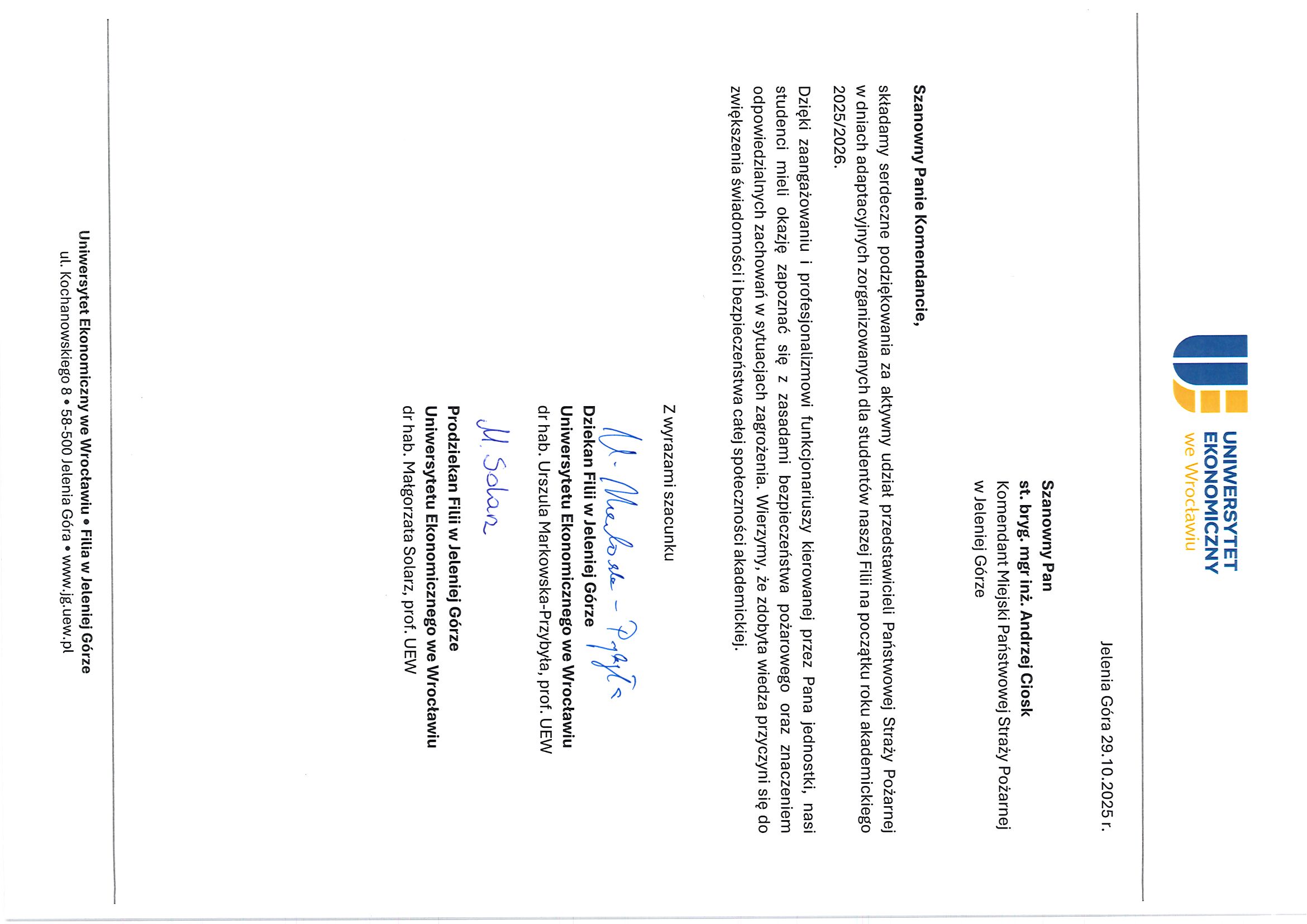 Podziękowania od Uniwersytetu Ekonomicznego