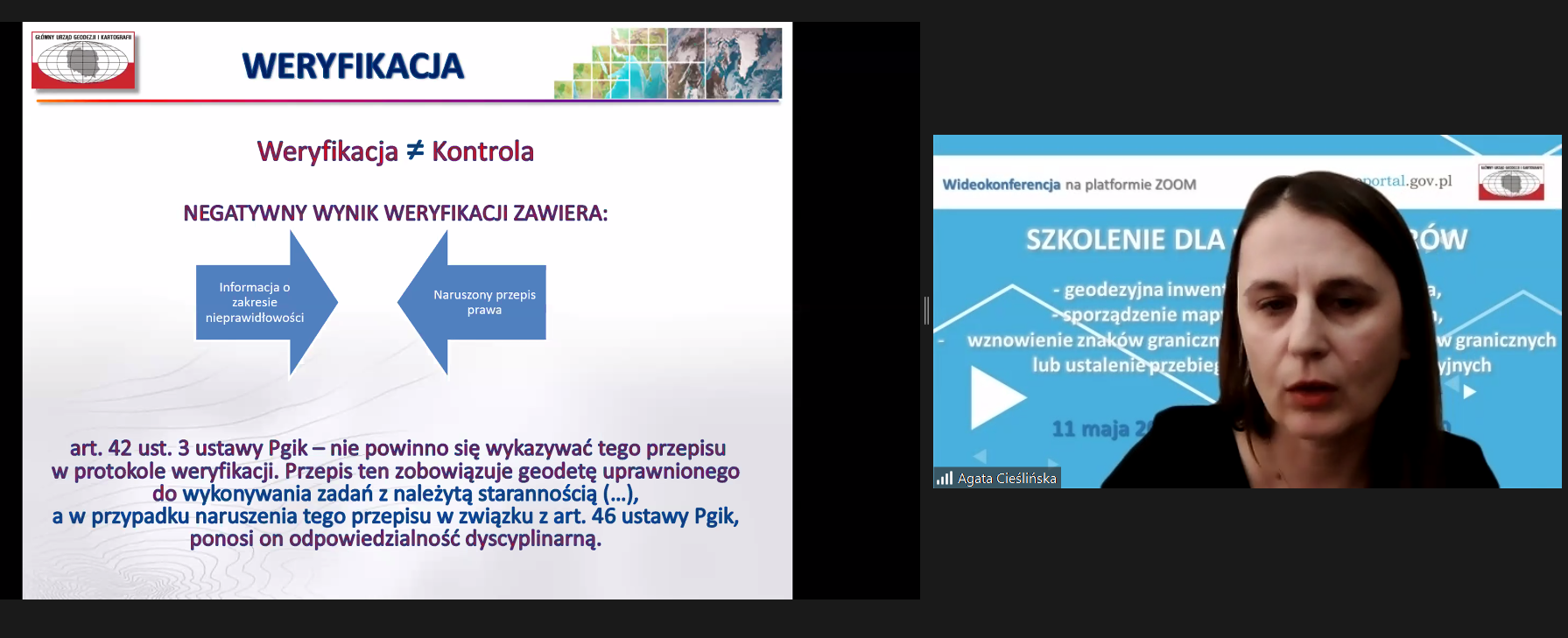 Zrzut ekranu z programu ZOOM. Po lewej fragment prezentacji podczas wideokonferencji "Szkolenie dla weryfikatorów", a po prawej Agata Cieślińska - pracownik GUGiK podczas prezentacji.