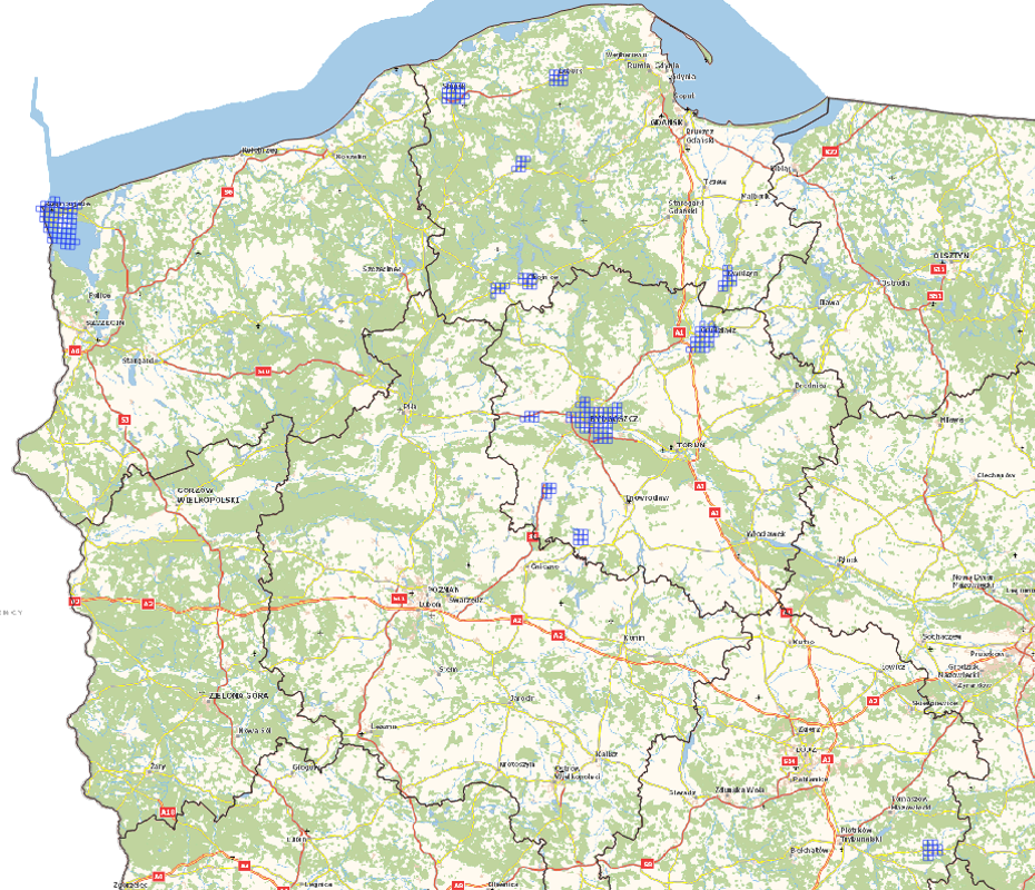 Ilustracja przedstawia zrzut ekranu z zasięgiem nowo przyjętych danych dla obszaru województw pomorskiego, kujawsko-pomorskiego, łódzkiego i zachodniopomorskiego.