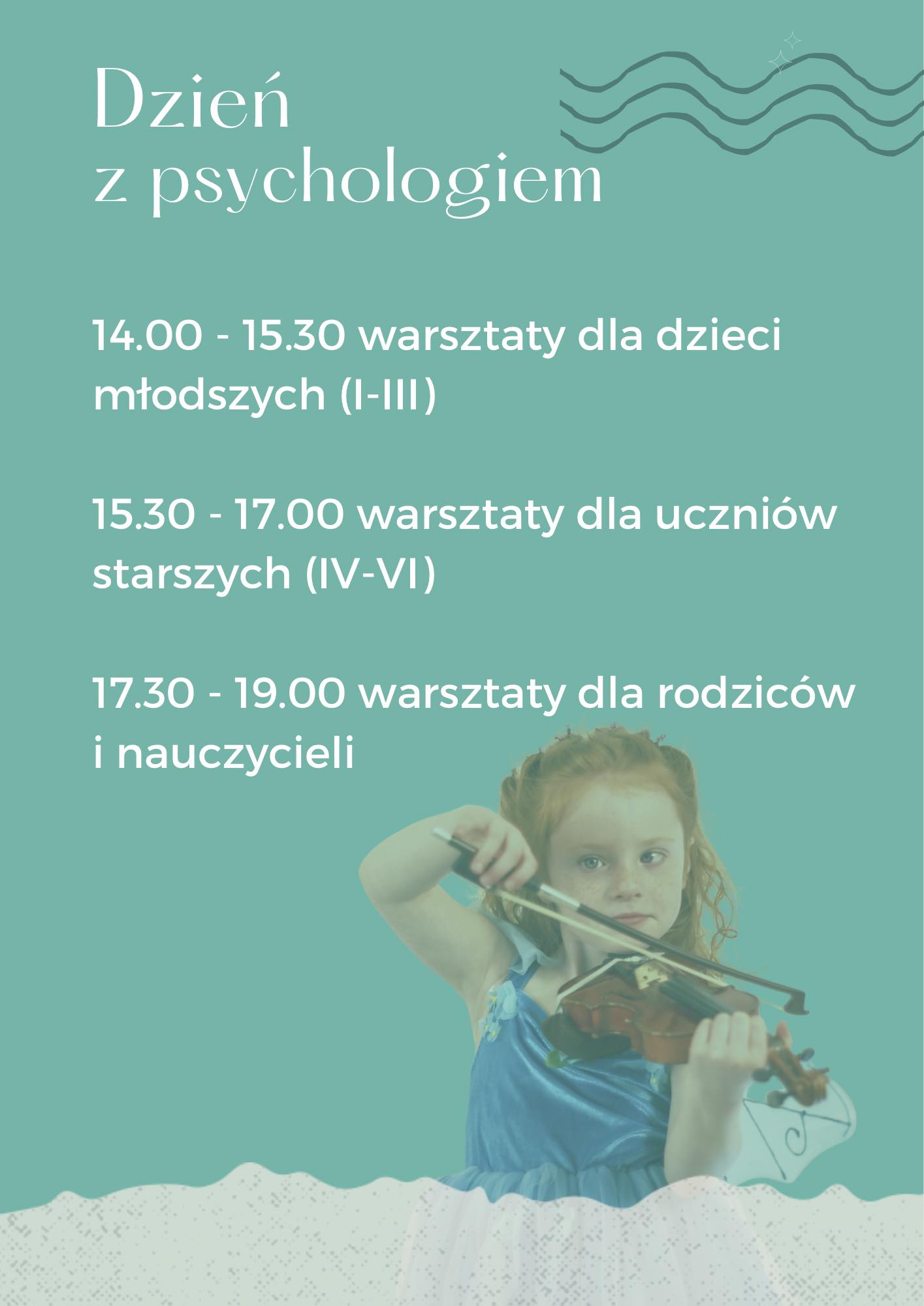 Plakat ze zdjęciem dziewczynki grającej na skrzypcach na zielonym tle