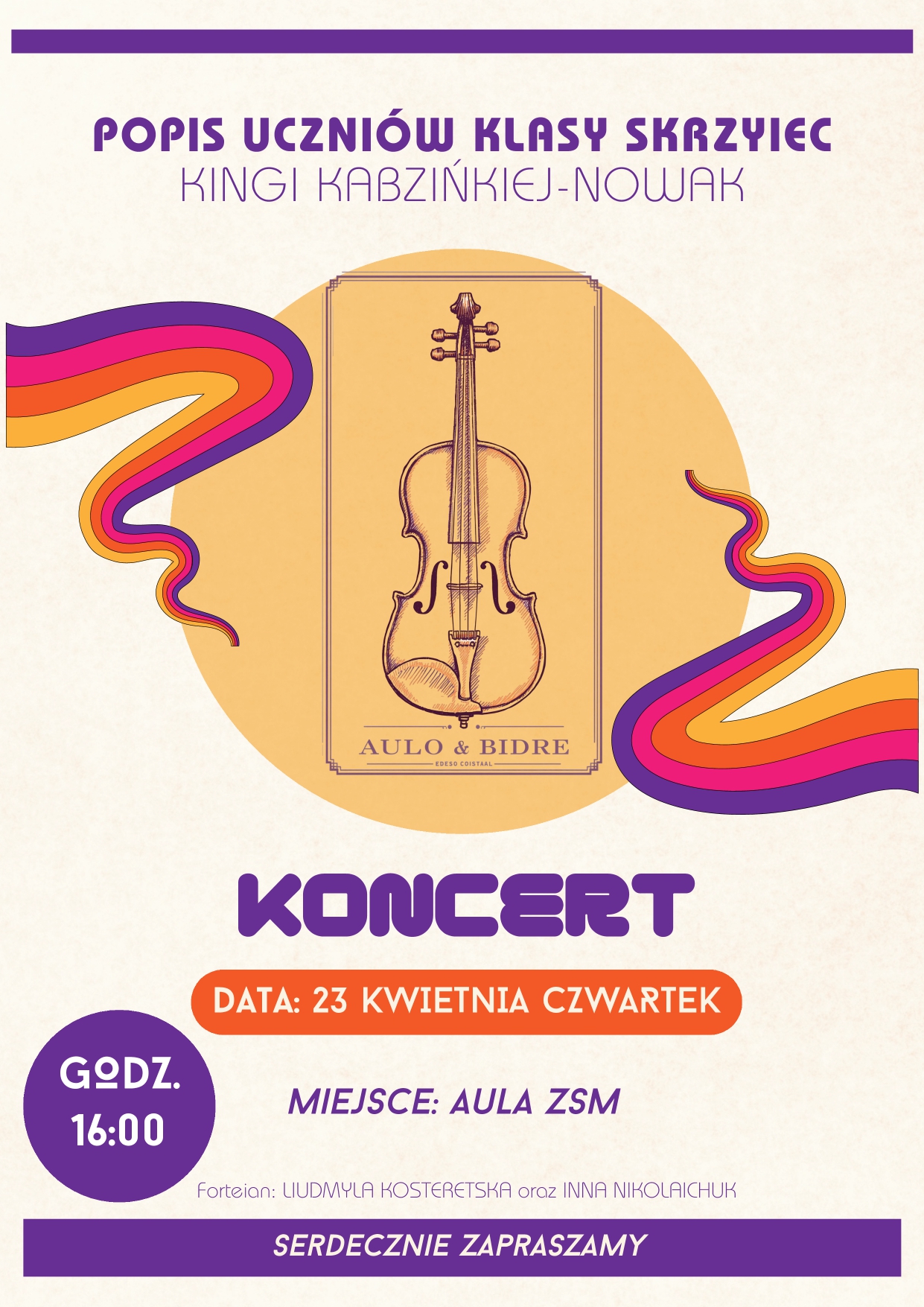 Kremowe tło, grafika skrzypiec, tekst dotyczący popisu klasy skrzypiec pani Kingi Kabzińskiej - Nowak 23 kwietnia o godz. 16.00