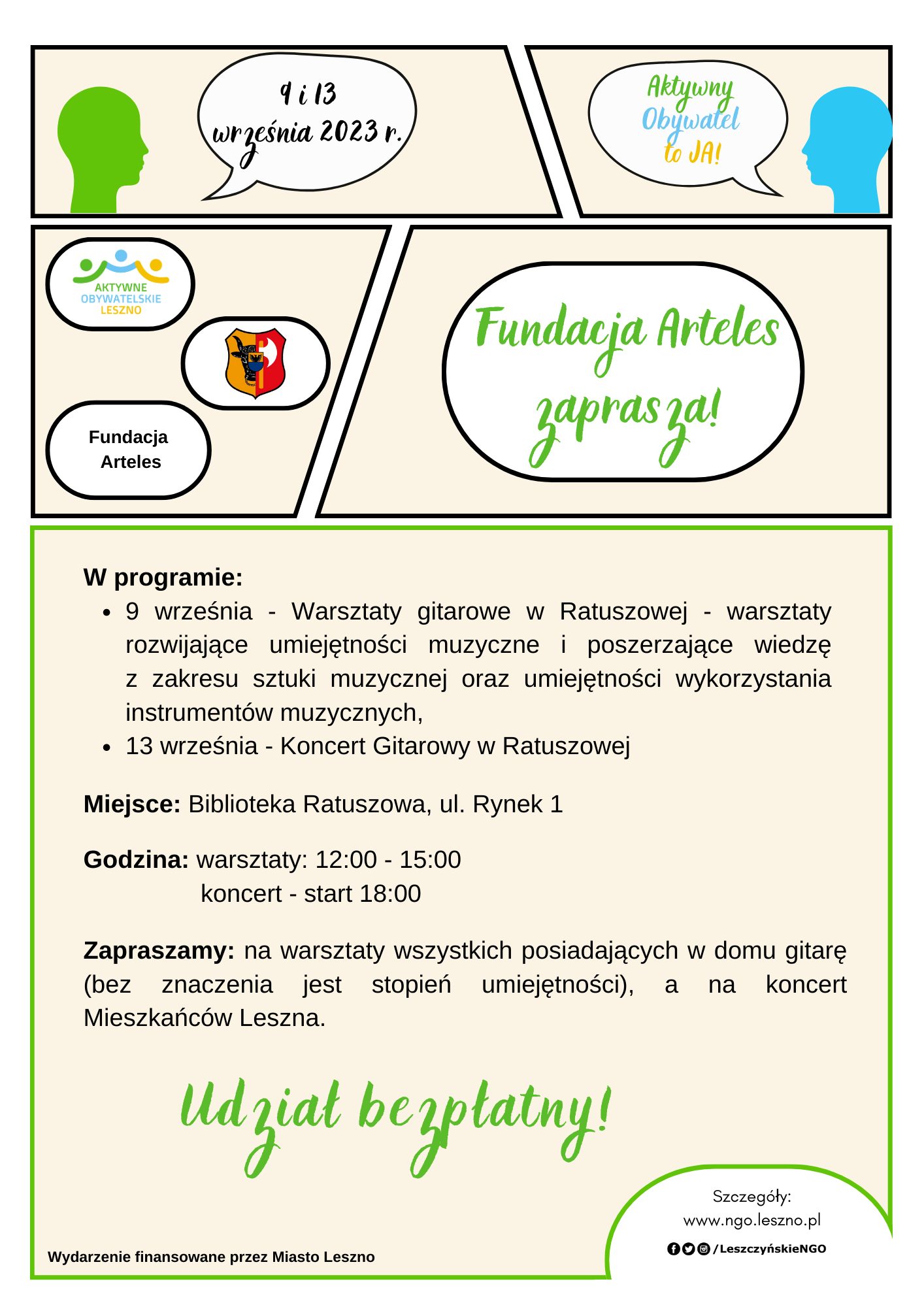 Plakat na białym tle, różowe czworokąty w czarnym i zielonym obramowaniu. Na ich tle czarne, zielone i niebieskie napisy, logo organizatorów oraz grafiki głów.