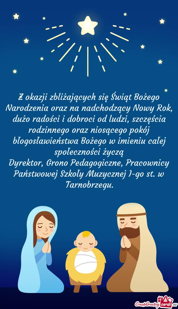 Ilustracja z życzeniami świątecznymi na tle niebieskim, na dole strony przedstawiona jest grafika przedstawiająca Maryję, Józefa oraz Jezusa.