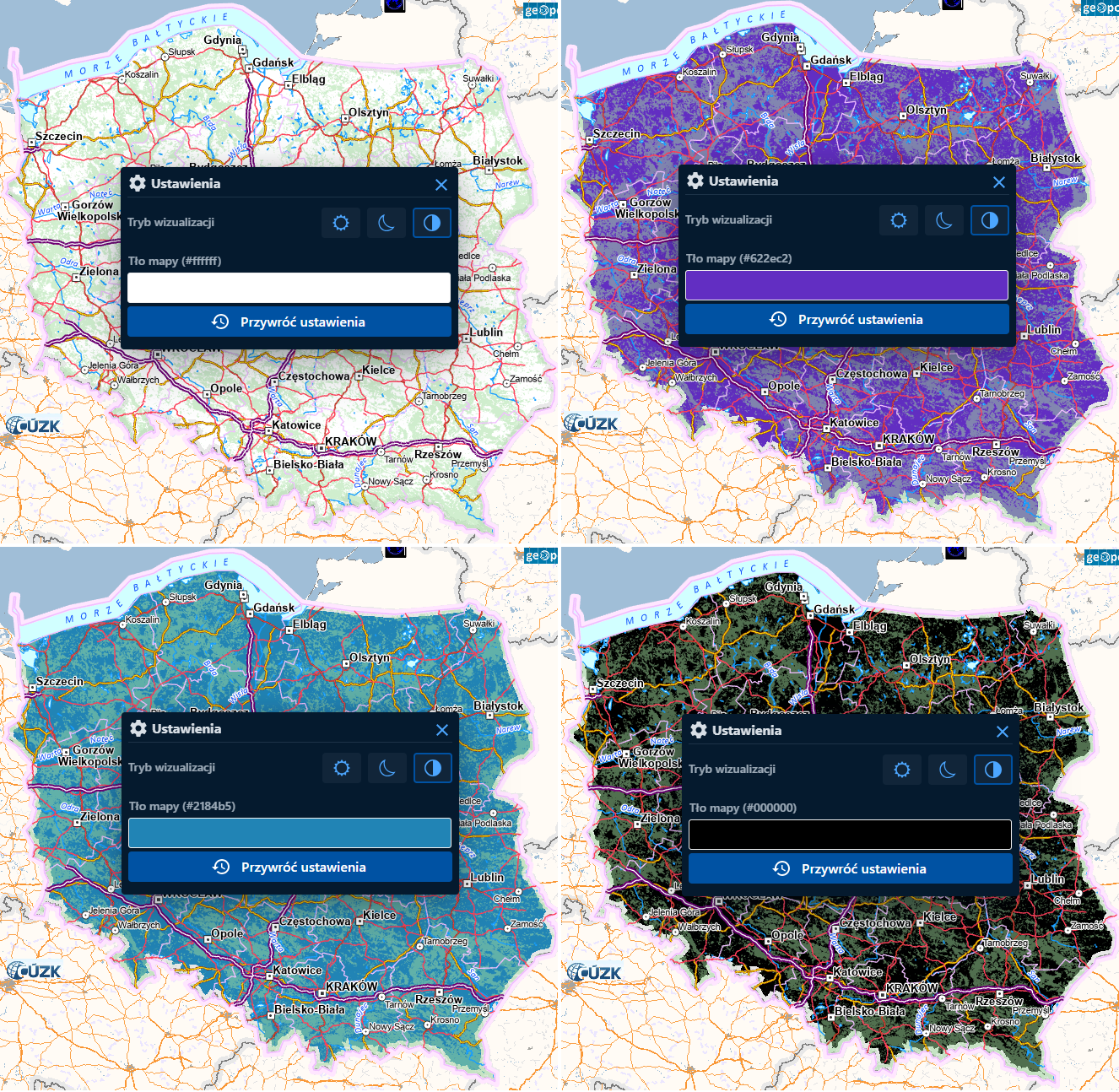 Ilustracja prezentuje wygląd podkładu mapowego Wizualizacje BDOO i BDOT10k przy różnych ustawieniach tła mapy