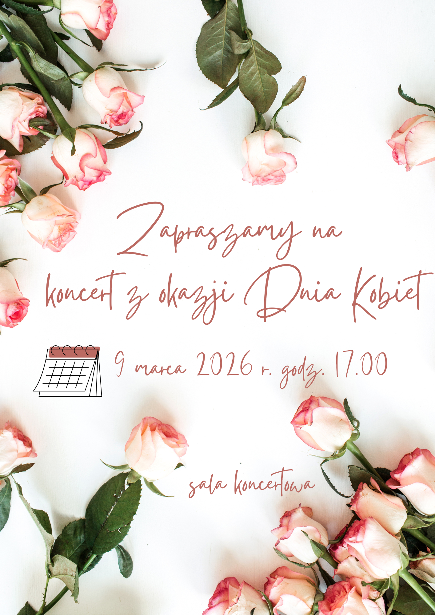 Plakat koncertu z biało-różowymi różami na białym tle