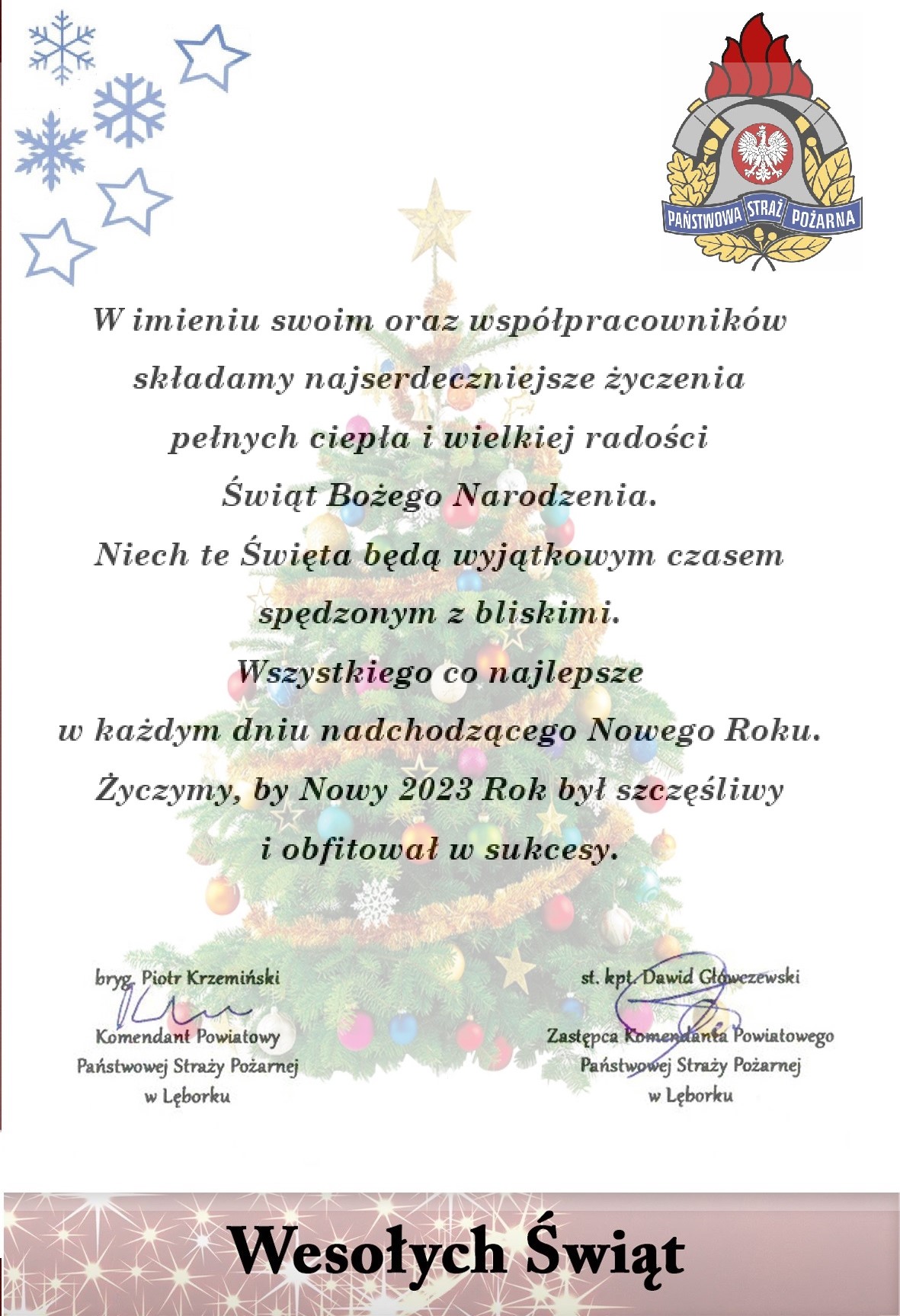 Życzenia świąteczno - noworoczne kierownictwa Komendy Powiatowej Państwowej Straży Pożarnej w Lęborku