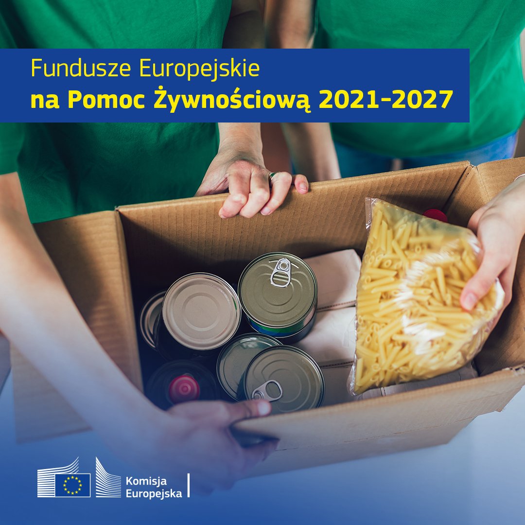 Grafika przedstawiająca ręce sięgające po produkty spożywcze do kartonu. U dołu logo Komisji Europejskiej.