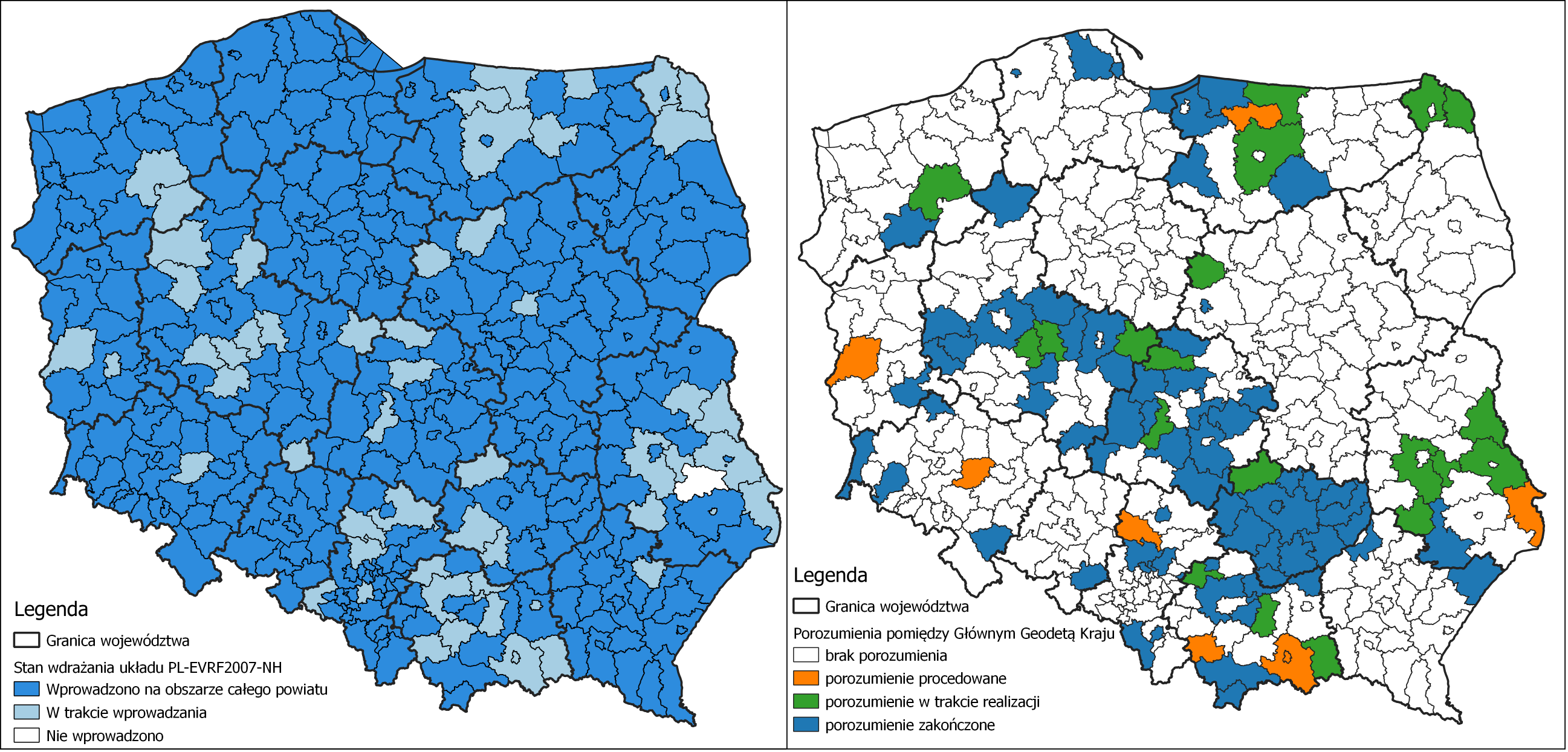 Ilustracja przedstawia zestawione obok siebie dwie mapy Polski z oznaczonym kolorystycznie: stanem wdrożenia układu PL-EVRF2007-NH w powiatach po lewej stronie i powiatami, z którymi zawarte zostało porozumienie po prawej stronie.