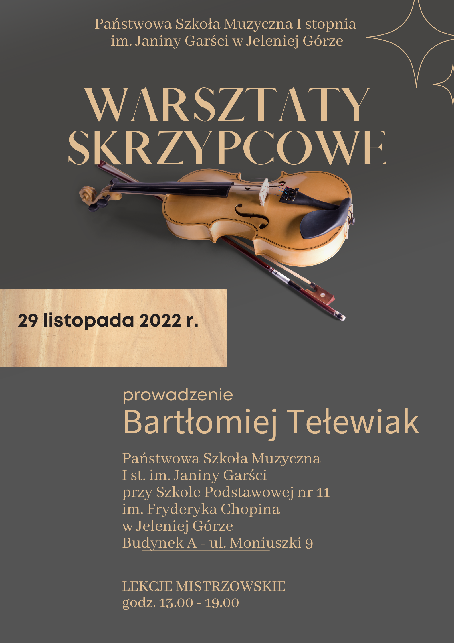 Plakat reklamujący warsztaty skrzypcowe odbywające się w PSM I st. im. J. Garści w dniu 29 listopada 2022 r.