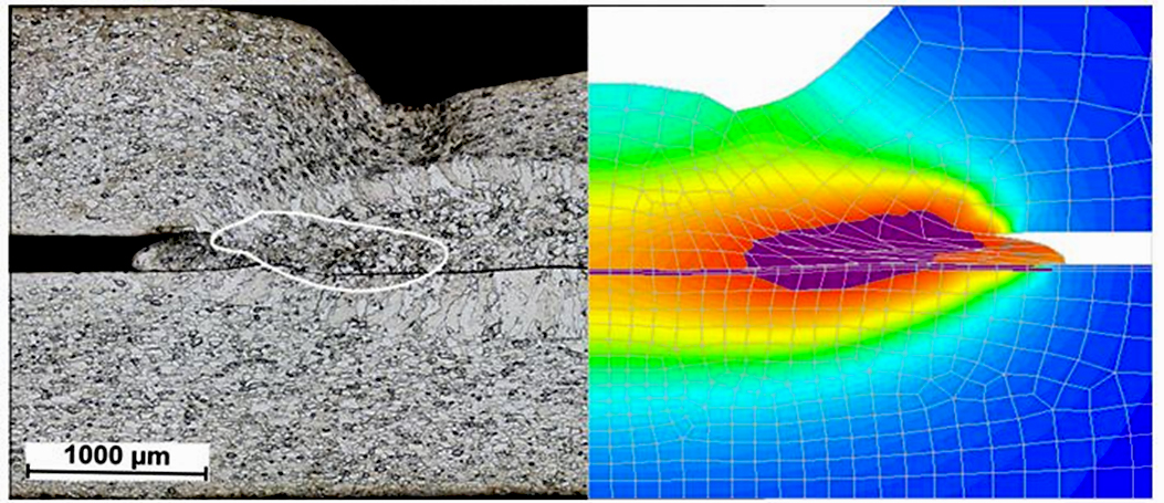 Porównanie wyników eksperymentu oraz obliczeń MES zgrzewania blach z wytłoczonym garbem dla SPD (lewa strona) oraz SED (prawa strona) [2] 