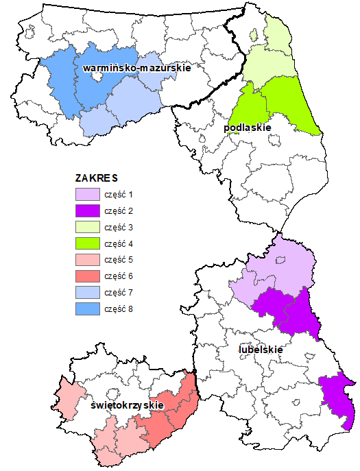 Ilustracja przedstawia zasięg terytorialny ogłoszonego przetargu na aktualizację zbiorów danych BDOT10k.