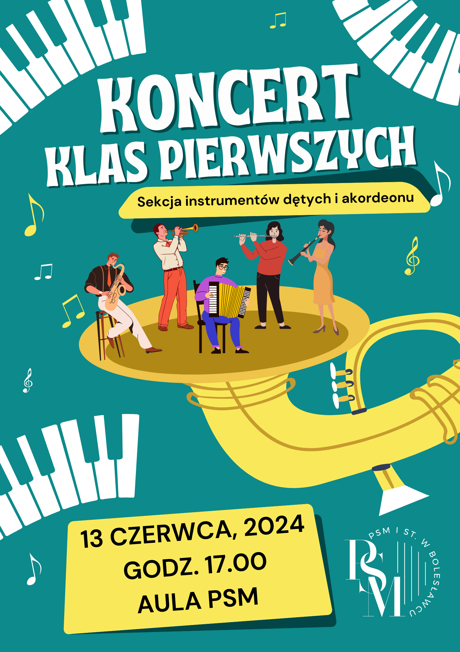 Grafika w odcieniach zieleni, z umieszczonym w centralnej części rysunkiem trąbki na której czary głosowej znajdują się postacie grające na następujących instrumentach: od lewej strony - saksofonie, trąbce, akordeonie, flecie i klarnecie. W tle znajdują się ponadto pojedyncze nuty muzyczne i symbolika klawiatury fortepianowej. Na grafice znajdują się napisy: "Koncert klas pierwszych - sekcja instrumentów dętych i akordeonu. 13 czerwca, 2024, godz. 17.00, aula szkoły".