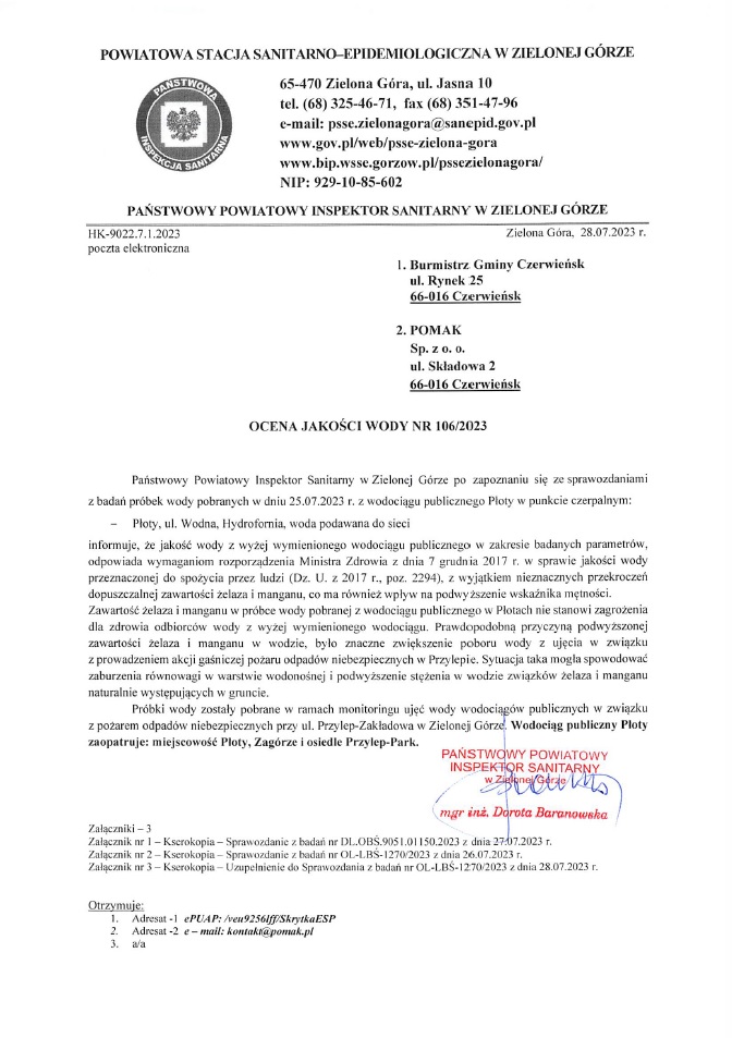 Ocena jakości wody Nr 106/2023 Płoty