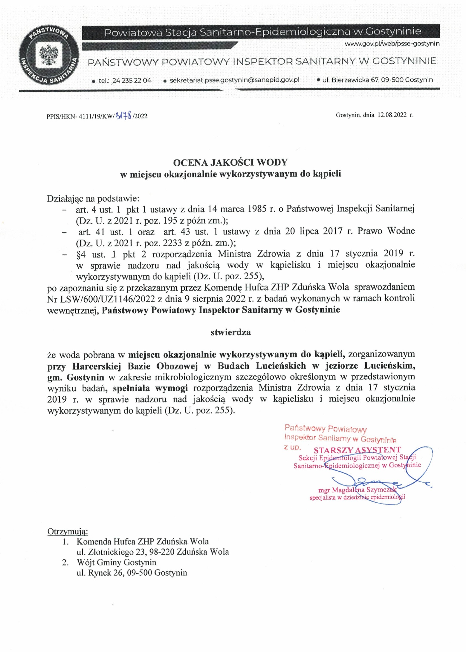 Ocena jakości wody z 12.08.2022 r.