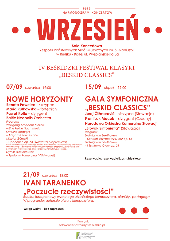 białe tło czerwone napisy harmonogram koncertów wrzesień 2023 sala koncertowa ZPSM w Bielsku-Białej
