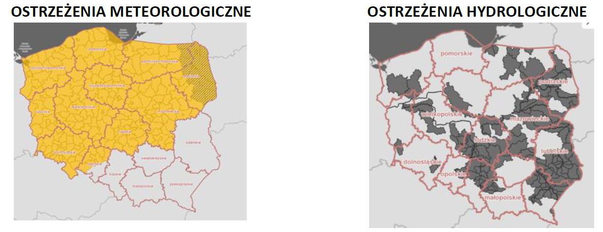 Ostrzeżenia meteorologiczne i hydrologiczne z podziałem na województwa - 13 czerwca 2026. Kolor czerwony dla ostrzeżeń 3 stopnia, pomarańczowy dla 2 stopnia, żółty dla 1 stopnia, szary dla suszy, biały brak ostrzeżeń. 