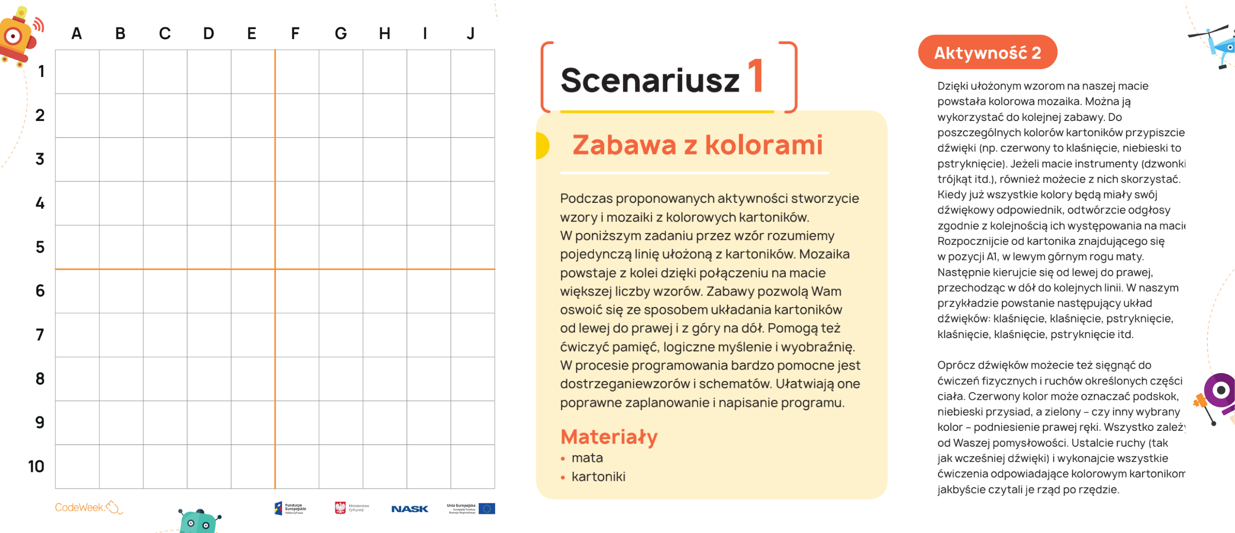 Grafika ma białe tło. Po lewej stronie grafiki znajduje się ilustracja przedstawiająca matę do kodowania. Poniżej ilustracji maty znajduje się pomarańczowe logo CodeWeek oraz ciąg logotypów: logo Fundusze Europejskie Polska Cyfrowa, logo Ministerstwo Cyfryzacji, logo NASK, logo Unia Europejska Europejski Fundusz Rozwoju Regionalnego. Po prawej stronie grafiki zamieszczone są dwa teksty. Pierwszy z nich, znajdujący się bliżej środka grafiki nosi tytuł “Scenariusz 1. Zabawa z kolorami”. Poniżej, na żółtym tle znajduje się następujący tekst: “Podczas proponowanych aktywności stworzycie wzory i mozaiki z kolorowych kartoników. W poniższym zadaniu przez wzór rozumiemy pojedynczą linię ułożoną z kartoników. Mozaika powstaje z kolei dzięki połączeniu na macie większej liczby wzorów. Zabawy pozwolą Wam oswoić się ze sposobem układania kartoników od lewej do prawej i z góry na dół. Pomogą też ćwiczyć pamięć, logiczne myślenie i wyobraźnię. W procesie programowania bardzo pomocne jest dostrzeganie wzorów i schematów. Ułatwiają one poprawne zaplanowanie i napisanie programu. Materiały: mata, kartoniki”. Drugi tekst, znajdujący się po prawej stronie grafiki, nosi tytuł “Aktywność 2”. Poniżej tytułu znajduje się tekst, który brzmi: “Dzięki ułożonym wzorom na naszej macie powstała kolorowa mozaika. Można ją wykorzystać do kolejnej zabawy. Do poszczególnych kolorów kartoników przypiszcie dźwięki (np. czerwony to klaśnięcie, niebieski to pstryknięcie). Jeżeli macie instrumenty (dzwonki, trójkąt itd.), również możecie z nich skorzystać. Kiedy już wszystkie kolory będą miały swój dźwiękowy odpowiednik, odtwórzcie odgłosy zgodnie z kolejnością ich występowania na macie. Rozpocznijcie od kartonika znajdującego się w pozycji A1, w lewym górnym rogu maty. Następnie kierujcie się od lewej do prawej, przechodząc w dół do kolejnych linii. W naszym przykładzie powstanie następujący układ dźwięków: klaśnięcie, klaśnięcie, pstryknięcie, klaśnięcie, klaśnięcie, pstryknięcie itd. Oprócz dźwięków możecie też sięgnąć do ćwiczeń fizycznych i ruchów określonych części ciała. Czerwony kolor może oznaczać podskok, niebieski przysiad, a zielony – czy inny wybrany kolor – podniesienie prawej ręki. Wszystko zależy od Waszej pomysłowości. Ustalcie ruchy (tak jak wcześniej dźwięki) i wykonajcie wszystkie ćwiczenia odpowiadające kolorowym kartonikom, jakbyście czytali je rząd po rzędzie.” Dookoła grafiki, blisko krawędzi, znajdują się animowane ilustracje kolorowych robotów.