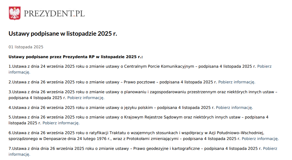 Zrzut ekranu ze strony https://www.prezydent.pl/prawo/ustawy-podpisane/ustawy-podpisane-w-listopadzie-2025