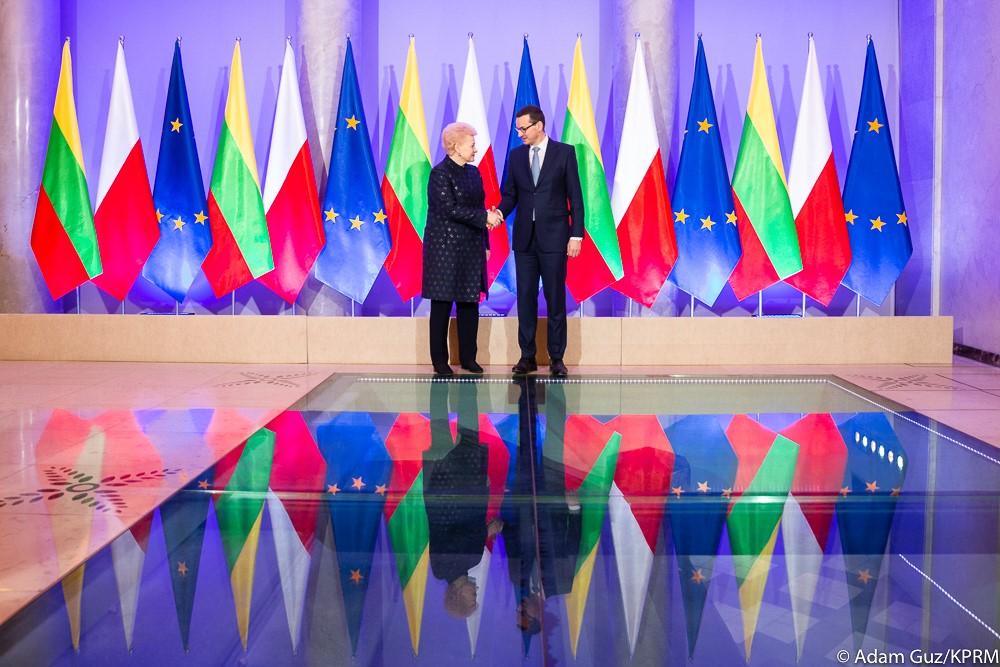 Premier Mateusz Morawiecki (po prawej) i prezydent Litwy Dalia Grybauskaite podczas uścisku dłoni, a za nimi w rzędzie stoją flagi.