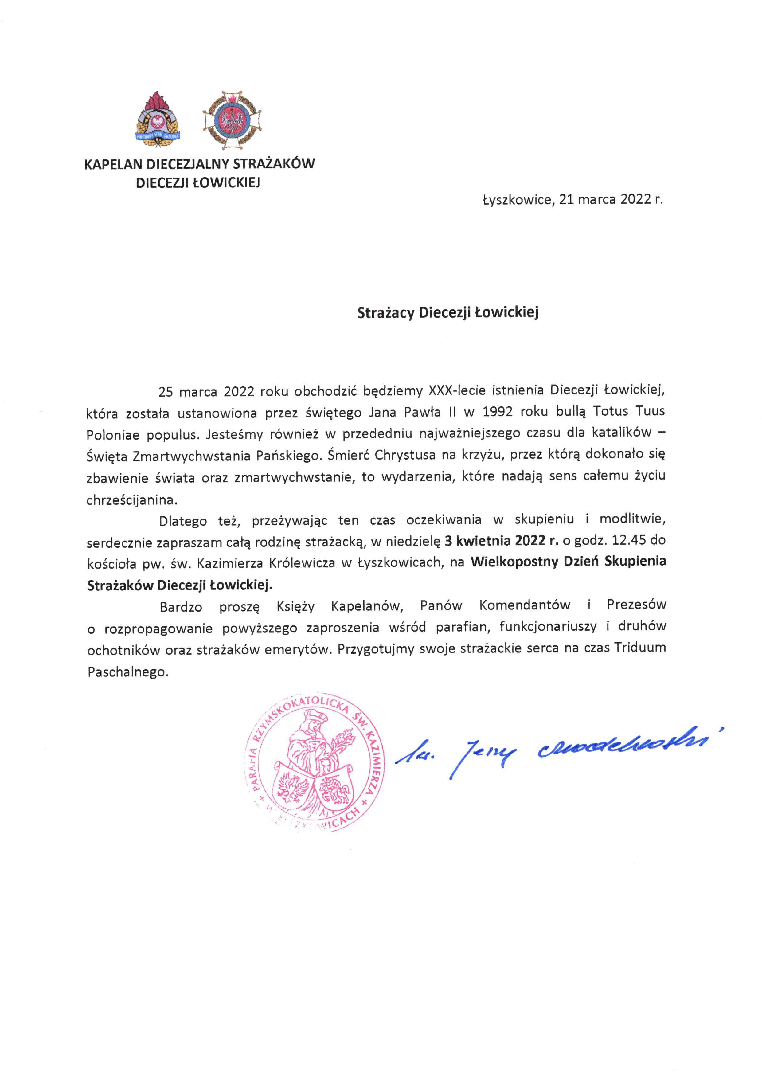 Zaproszenie na Wielkopostny Dzień Skupienia Strażaków Diecezji Łowickiej