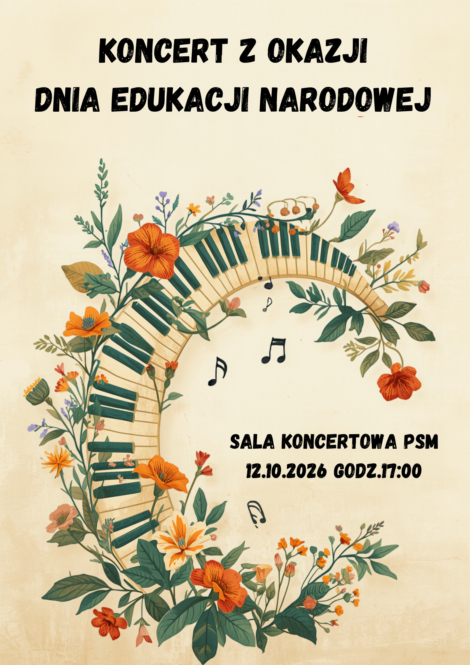 plakat przedstawia zaproszenie na koncert z okazji Dnia Edukacji Narodowej, całość jest utrzymana w ciepłej, beżowej kolorystyce w stylu retro, główne elementy graficzne i tekstowe to czarny tekst informujący o wydarzeniu, klawiatura fortepianu wygięta w łuk, klawisze oplecione są gałązkami i licznymi kwiatkami, wewnątrz unoszą się delikatne nuty muzyczne