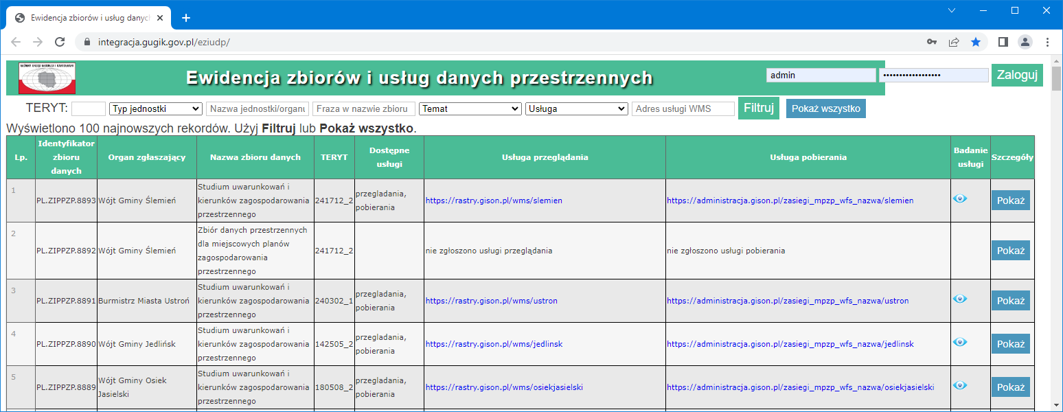 Zrzut ekranu pokazujący aplikację Ewidencji zbiorów i usług danych przestrzennych.