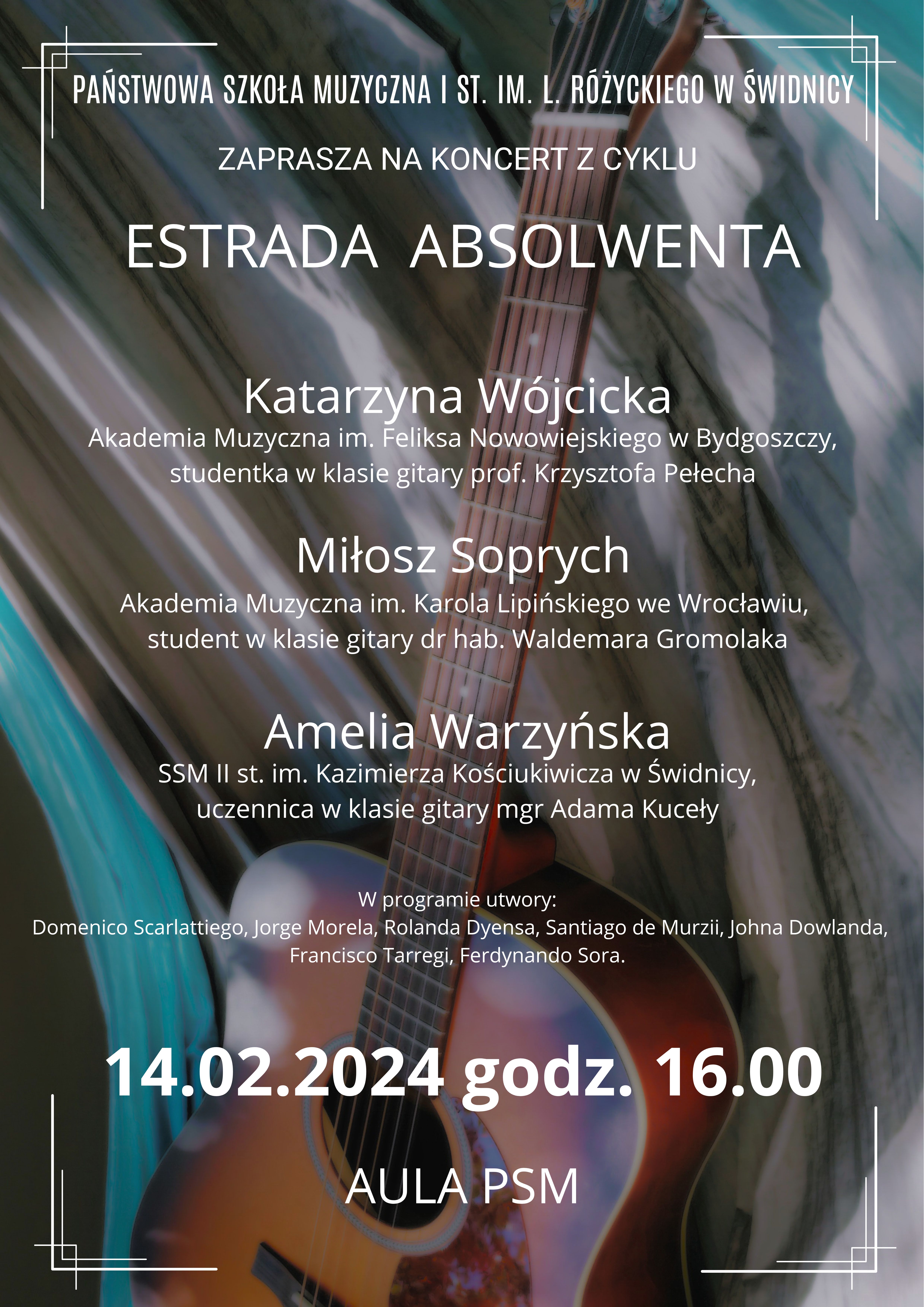 Plakat informujący o koncercie c cyklu "Estrada absolwenta". Tło- gitara na kolorowym materiale. Napisy biała czcionka. W rogach białe ozdobne ramki.