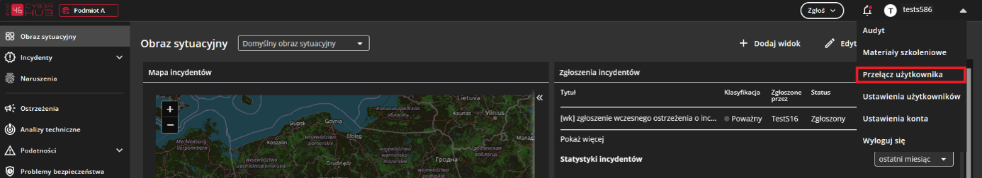 Zrzut ekranu prawego górnego rogu aplikacji z rozwiniętym menu profilu użytkownika. Na liście widoczne pozycje dotyczące ustawień konta oraz pozycja Przełącz użytkownika.