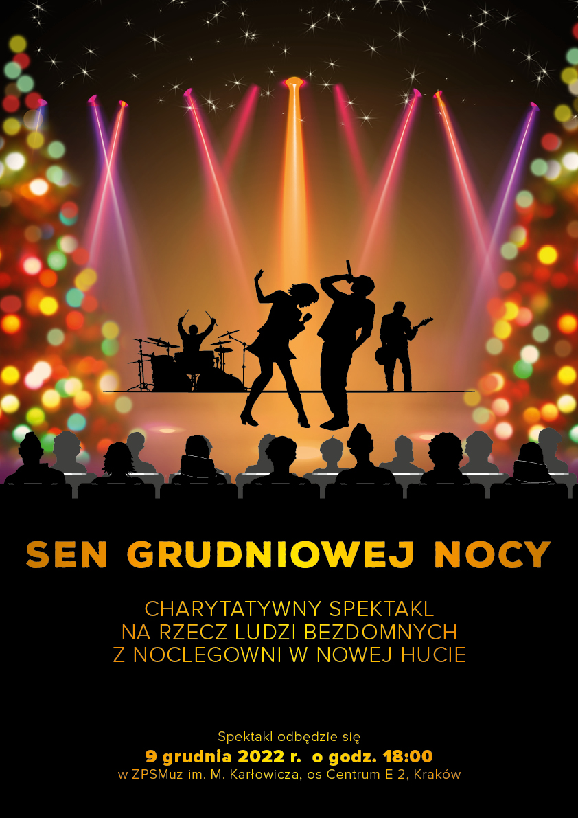 Plakat przedstawia grafikę. Na pierwszym planie, trochę poniżej środka strony umieszczony jest na czarnym tle złoty napis, górnej część grafiki widoczna jest sala koncertowa od strony widowni.