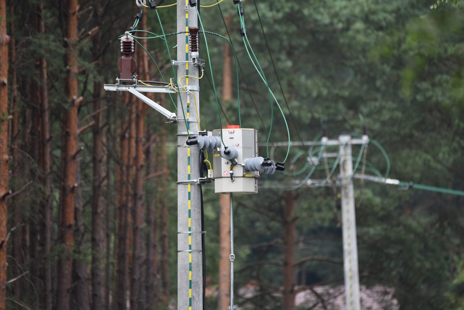 Na zdjęciu fragment słupa elektroenergetycznego z zainstlowaną aparaturą smart grid. Widać sieć kabli. W tle las.