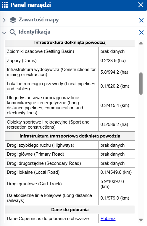 zrzut ekranu z serwisu www.geoportal.gov.pl przedstawiający archiwalne dane dotyczące powodzi z 2024 r.
