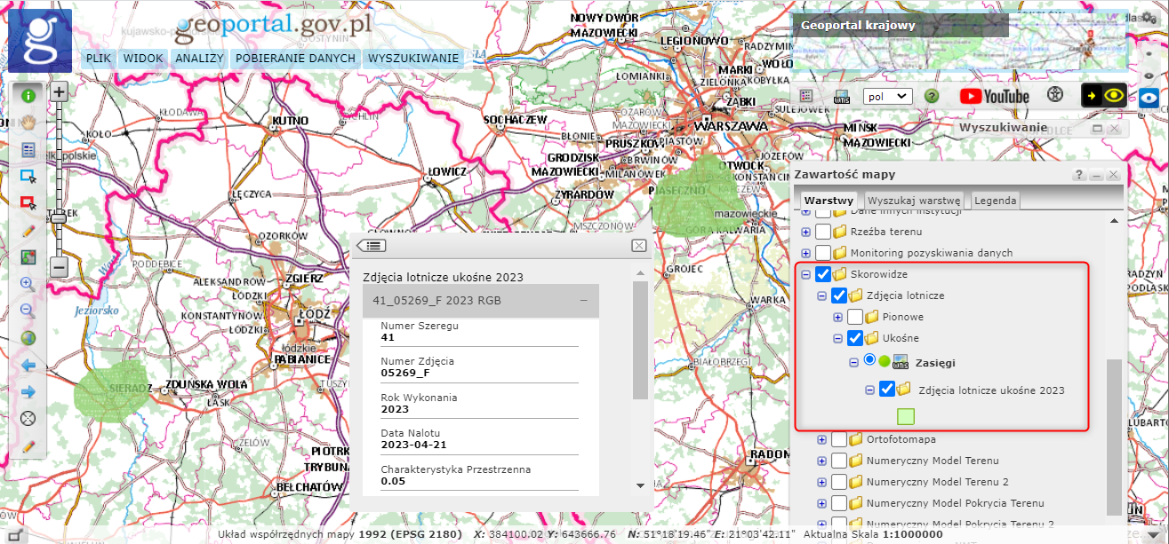 zrzut z serwisu www.geoportal.gov.pl przedstawiający skorowidze zdjęć ukośnych