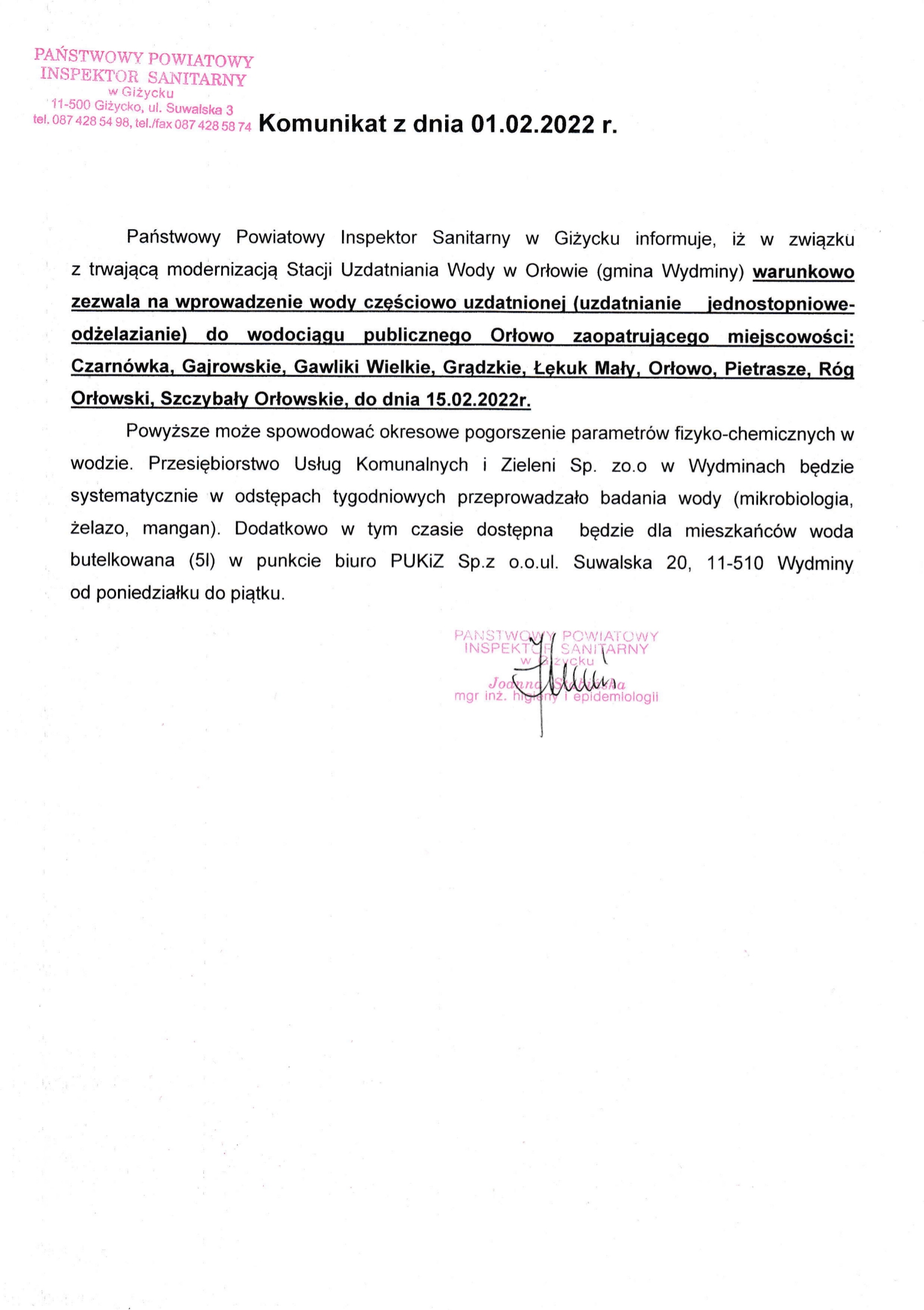 Komunikat z dnia 01.02.2022