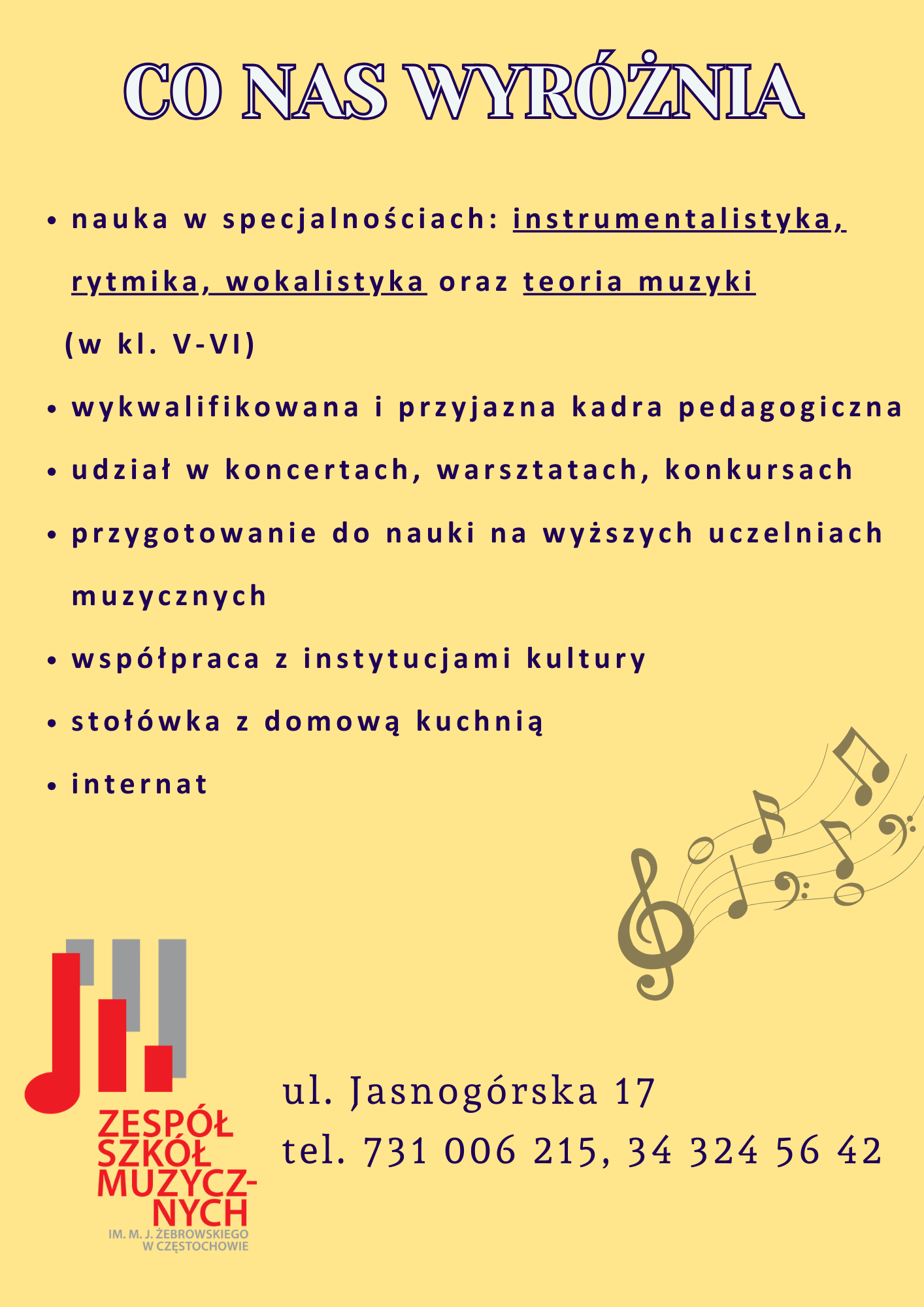 Żółte tło, logo szkoły, tekst dotyczący informacji o PSM II st.